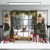 Lofaris Brick Interior Window Reindeer Christmas Backdrop